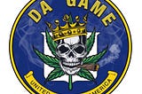 Da game logo, skull smoking a joint in front of a cannibis leaf