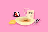 A plateful of soup with sticky notes, marker pens and a time timer in front of bright pink background.