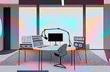 A graphic design illustration of a minimalist podcast studio in an abstract style.