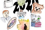 Ink/watercolor of 2020 disasters: virus, death, wildfire, BLM protestors, etc