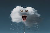 A cloud raining in surprise with its facial expressions and umbrelka handle.