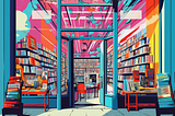 An AI-generated image of a bookstore entrance, in the style of a pop art poster, wtih bold colors.