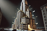 A large office building, sitting in the darkness and illuminated from within, has money spilling out of its doors and windows. Image by Gemini.