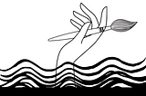 A black and white image of a hand holding a paintbrush coming out of waves.