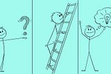 A series of stick figures asking questions, climbing a ladder, and having an idea