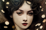 A close-up digital painting portrait of a woman with pale skin, large hazel eyes, and deep red lips, gazing calmly and directly at the viewer. Her dark hair forms intricate, flowing sculptural shapes around her face. The dark background is dotted with glowing orbs and ornate gold patterning in a decorative, Klimt-inspired style, giving the image a rich, antique texture.