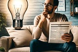 A thoughtful man sitting on a couch in his living room, looking at a newspaper with job opportunities and a pay slip beside him. A light bulb is illuminated above his head, indicating a moment of inspiration or idea.