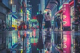 Two people walk down a colorfully lit city street. It appears as though it has just rained. The lights of the city reflect off of the glassy ground, giving the image a magical quality.