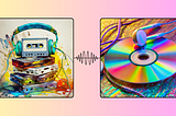 Left image: stack of cassette tapes with old headphones; Right image: CD with earbuds; both images connected by sine wave in the middle; gradient background pale yellow (left) to pale pink (right)