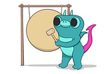 A drawing of Sparky the boldstart mascot holding a hammer and standing next to a gong.