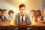 Confident looking male in a suit sitting at a table with light bulbs with a sad looking team behind him.