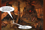 A painting of an angel leading a damned soul into Hell. The angel is saying: “I have to warn you: some people find Hell a little hot at first…” The soul replies: “Nah, mate. I remember 1976!”