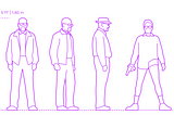 A line drawing of a man in four different poses. The man depicted is Walter White from Breaking Bad. First pose shows him face on with no hat and a jacket, he is bald with a goatee. Second pose, he is side-on, same outfit. Third pose, side-on again, with a pork pie hat on. Fourth and final pose, facing front, in his pants and a shirt holding a handgun in his right hand.
