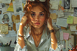 A young woman, ostensibly buried in the throes of academic or intellectual pursuit, is surrounded by a maelstrom of sticky notes, papers, and various bric-a-brac — each one undoubtedly a testament to her ‘busy’ schedule. Sunglasses perched atop a high bun as if the indoor lighting might be too much for her studious endeavors, she looks off into the distance, the very picture of feigned concentration. Ah, the paradox of procrastination: surrounded by the tools of productivity yet utterly paralyze