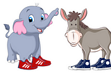 An elephant in red sneakers stands next to a donkey in blue sneakers.