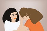 A woman with dark hair consoles a woman with light hair (cartoon). By SerenaWong. Used with Permission. https://bit.ly/3igbjk