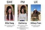 Images of the three contributors of this article. From top to bottom then left to right: SWE, image, Ellie Yang, BS in Computer Science Class of 2024 / PM, Carina Ly, BS in Computer Science Class of 2023, MS in Management Science & Engineering / UX, Hillary Tran, BS in Product Design Class of 2024.