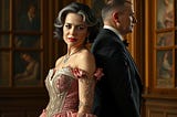 Image shows a mature woman with dark hair and streaks of grey, wearing a ballgown and standing with her back against the back of a mature man in a black suit. She looks at the camera, he doesn’t.