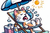 An animated picture of a cat sitting under the scorching sun at the beach, sweating