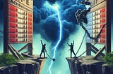 Two individuals stand on separate cliffs, shackled to towering scoreboards titled ‘Life Achievements’ under a stormy sky. One breaks free from their chains, symbolising the challenge of social comparisons and the power of breaking free from societal pressures.