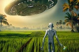 Idyllic Bangladesh countryside. A paddy field and we see a flying saucer has landed and a biped alien is walking towards the camera. Later afternoon sun. Alien wearing silver spacesuit