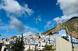 Houses are shown built together on the side of a mountain and painted in color blue