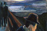 A stressed man looking over an unsettling landscape.