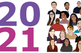 2021 in giant pink and purple text and a graphic of colored paint-like illustrations of the headshots of all 16 fellows.