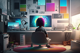 Child Posing Thoughtfully in a Minimalist Home Office, Surrounded by Technology and AI — Inspired Artwork, Working on an Article about Prompt Engineering, GPT — 4, and the Future of Programming, Abstraction in Focus, Back of head, Vibrant Colors, Geometric Patterns, Cozy Atmosphere, depth, 4k,