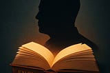 IMAGE: A glowing encyclopedia casting the dark silhouette of Elon Musk above it, symbolizing control of collective knowledge through AI