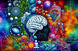 A vibrant, intricate scene combining elements of nature, science, and the cosmos around a human brain.