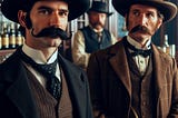 Two well-dressed men with handlebar mustaches are standing at a bar in an Old West saloon.