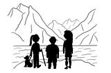 Illustration of three people overlooking a mountain view. One person has a dog on a harness and a walking stick, another person has a prosthetic leg.