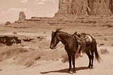 A saddled pony stands in the desert with rock formations in the background.