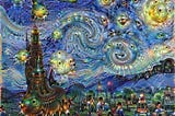 Kullandığımız görsel, Van Gogh’un meşhur “Yıldızlı Gece” tablosunun DeepDream’e görünen hali. DeepDream uygulamasının farklı öğrenme biçimi, içinde bolca kedi, köpek, insan ve hayvan gözü olan tuhaf bir “görüşe” yol açıyor. Bridle’ın kitap kapağında da bu tablodan bir detay kullanılmıştı.