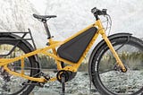 A closer look at a yellow Tern Orox electric adventure bike.
