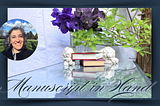 image of a glass table top with books and two lion statues with some fresh green leaves and dark purple orchids in a vase, with an inset: small circular image of author Katarina outdoors, smiling at the camera in the sunshine