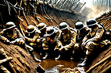 A group of soldiers in World War I era uniforms and helmets sit huddled together in a muddy trench. Their boots are submerged in muddy water at the bottom of the trench. The scene is dark and atmospheric, with a sense of tension and camaraderie among the troops.