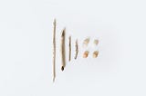 A collection of 4 sticks and four shells. The sticks are arranged vertically from largest to smallest. The four shells are approximately the same size. They are placed vertically, in pairs, beside the smallest stick. The items are on a white background.