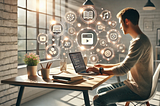 a realistic photograph-style blog cover that depicts a modern workspace with a human person working on a laptop. The scene features warm, natural lighting and creative glowing icons symbolizing productivity.