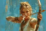AI generated image of Goddess Artemis, while drawing her bow. She’s blonde and seems to be laser focused on her target.