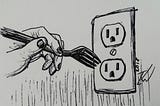 A pencil drawing of a hand moving a fork toward an electrical outlet.