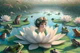 Thumbelina sitting on a water lily surrounded by frogs