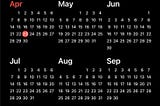 Small calendars of April through September are displayed in white against a black background.