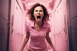 An angry woman in a pink shirt and khaki pants who is screaming in an office bathroom stall.