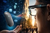 IMAGE: A woman wearing smart glasses faces a glowing AI device floating above a hand, with digital icons blending into a city street