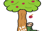 A simple drawing of Newton and the Apple. Newton sits under an apple tree with an apple falling towards his head. Writing on the tree trunk says “I.N.1666”