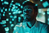 A person in a white collared shirt looks upward, illuminated by cyan-blue light from floating text boxes scattered across a dark background, creating a visualization of digital information or data in space.