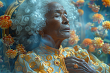 pushing up daisies, bad baby hair lace front big hair wig, Black 58-year old woman, ancient, tired, pursed lips, sitting on golden porcelain cloisonne chair made of fine china, blue screen, print, anaglyphic double long exposure