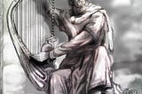 A Greek demi god holding a harp based on a greek legend of a man who charged into the mouth of hell to rescue his wife.